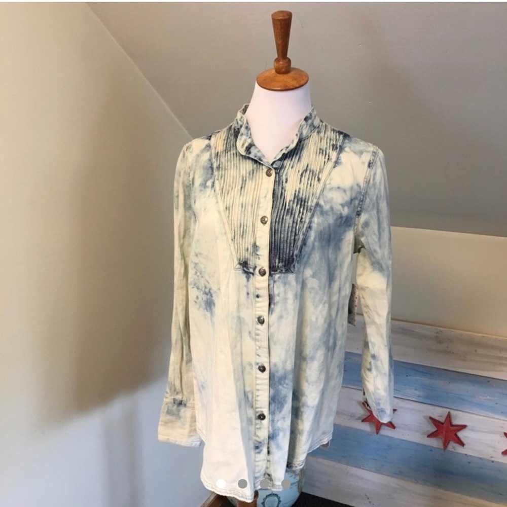 Free People Acid Wash Denim Collarless Shirt